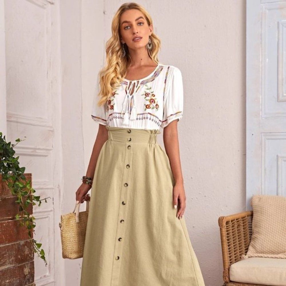 Emery Rose Button Front Paper Pocket Waist Skirt Khaki